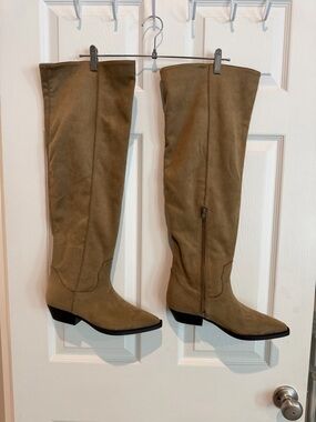 Tall Suede Knee-High Boots in Taupe